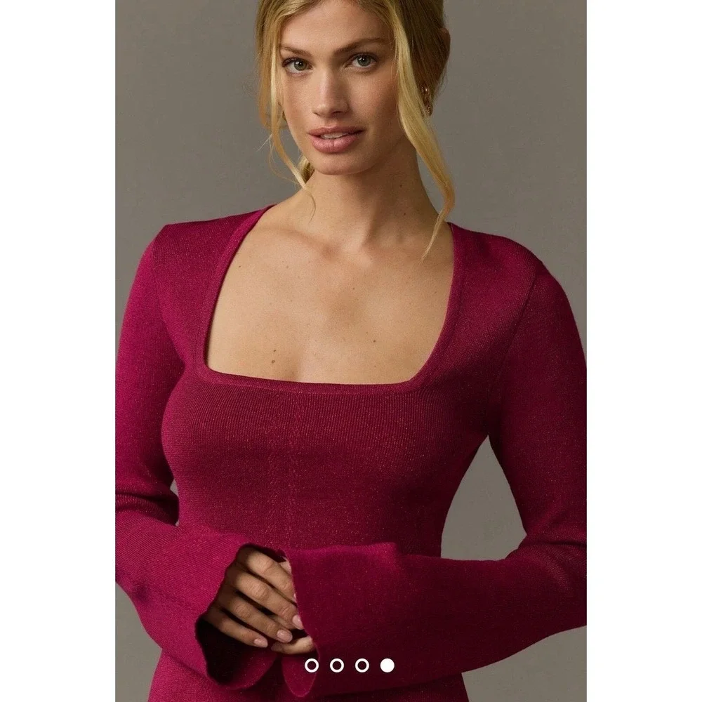 Maeve Anthropologie Sparkle Square Neck Long Sleeve Top Magenta Womens‎ S